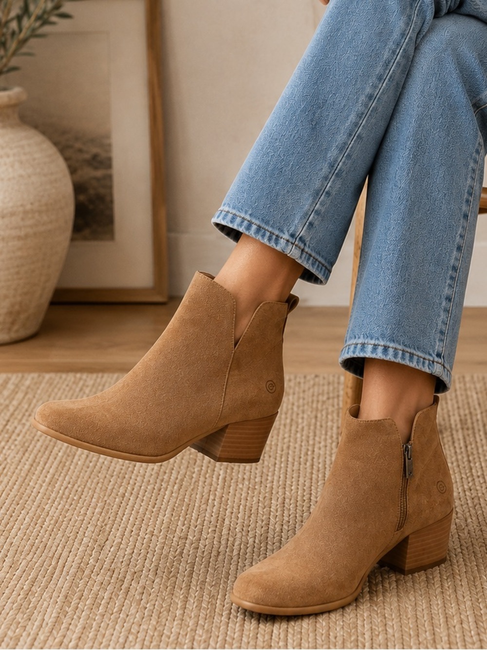 Born Anetto Tan Suede Leather Block Heel Ankle Booties Size 7.5m